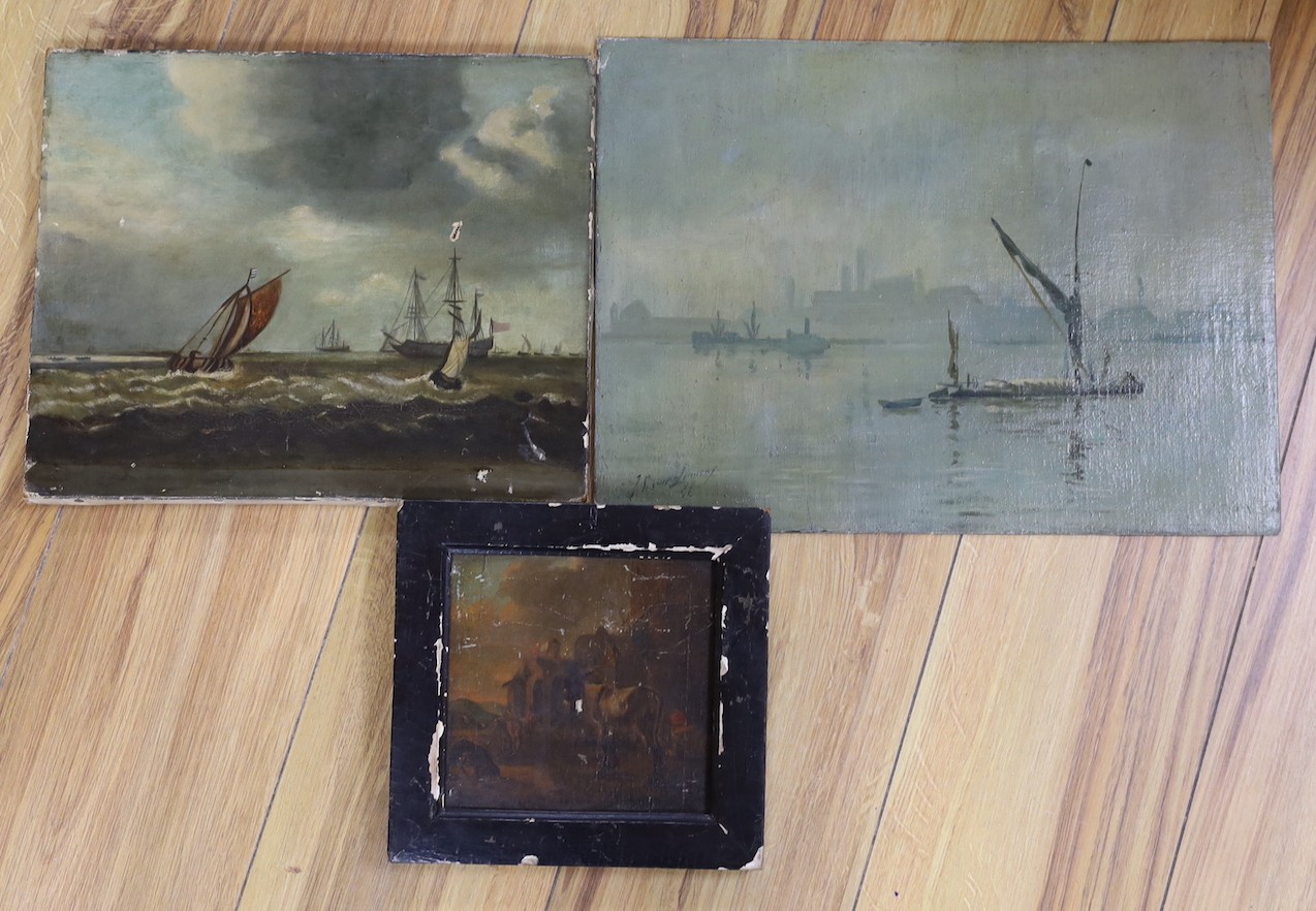 J. Seymour Lindsay, oil on card, The Thames at Wapping, signed, 28 x 38cm, unframed, together with a 19th century oil of shipping and a small Flemish oil on panel of figures and a donkey
